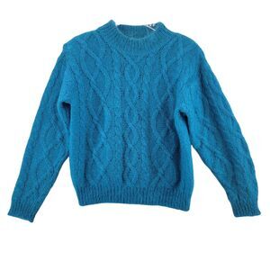 Vintage Women's Mohair Blend Cable Knit Sweater Size Medium Turquoise Blue